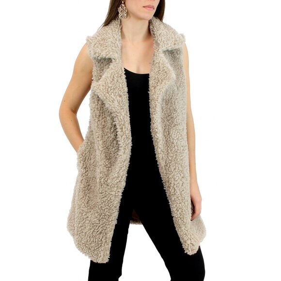 A & O International Jackets & Blazers - Soft Cozy Shaggy Faux Fur Long Vest Fuzzy Wrap Khaki